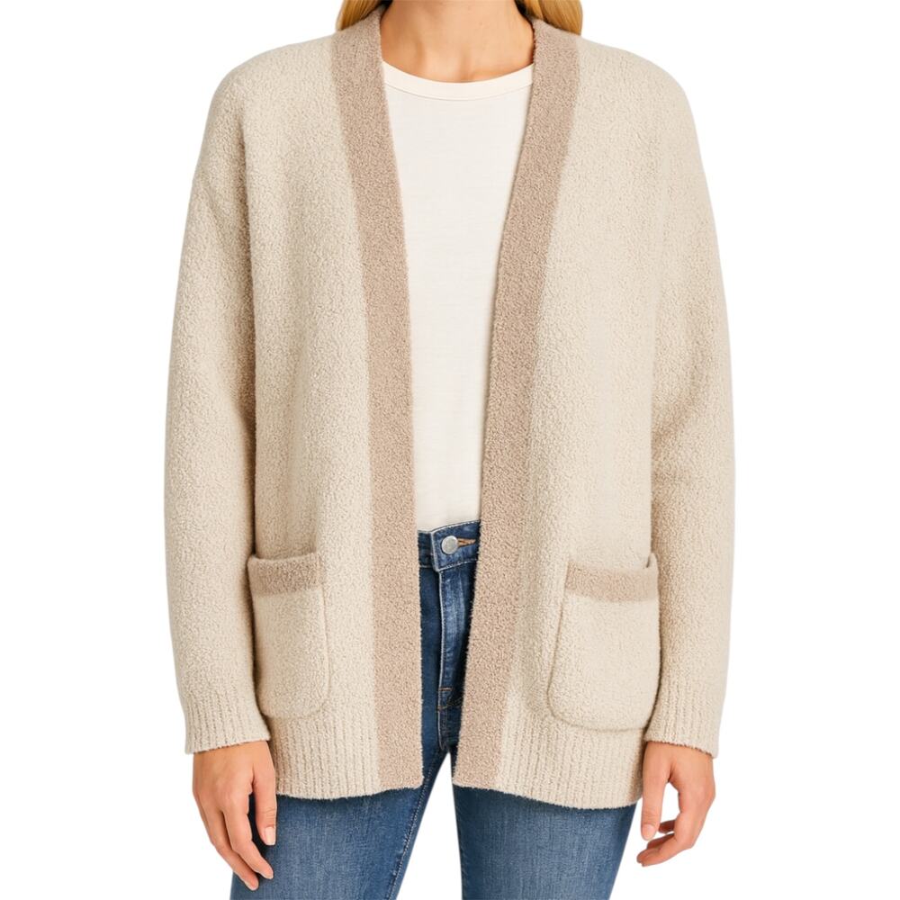 Barefoot Dreams CozyChic Canyon Cardigan Knit Open Sweater Pocket Cream Beige L